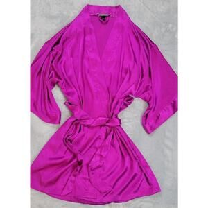 Victorias Secret magenta pink short Kimono satin Robe sz XS Tie Waist pockets